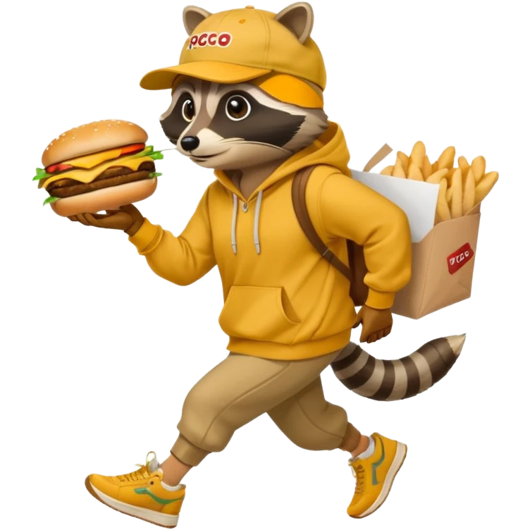 Crear ub mapache que sea solo dibujado con sudadera color mostaza y zapatillas + gorra que esté robando una hamburguesa con packaging que diga Rocco emoji