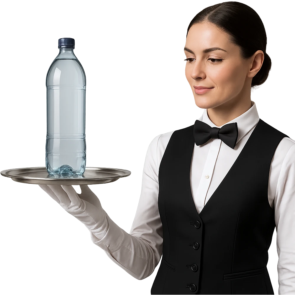 premium water bottle exposed on a premium plate by a high standard waitress emoji
