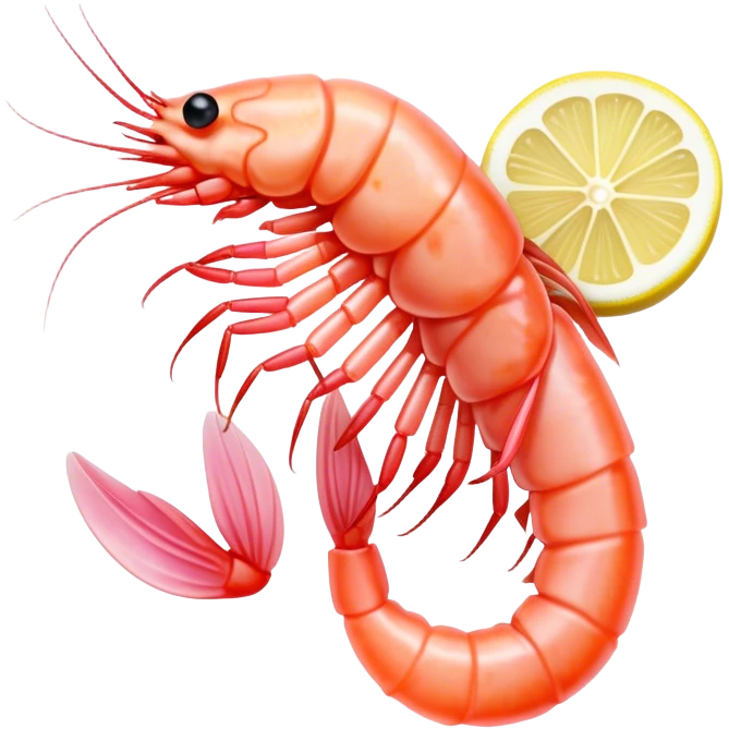 Cinematic glistening shrimp, pink and juicy, slightly curled with a light char, served with lemon wedges, ultra-detailed and fresh, warm glowing background. emoji