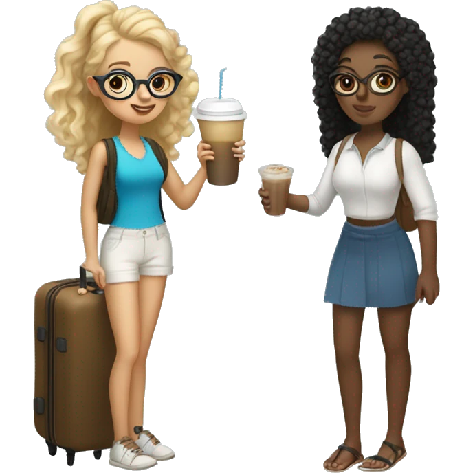 2 girls traveling to Greece, one with blonde curly hair with an iced coffee in her hand, the other with waist black hair in a pony tail with glasses and a suitcase emoji
