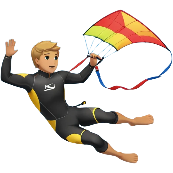 A kite surfer soaring above the waves, holding onto a kite with the wind in full force. The background showcases the ocean and sky, emphasizing the freedom, thrill, and energy of the sport. The motion of the kite and board is dynamic, capturing the excitement of kiting. emoji