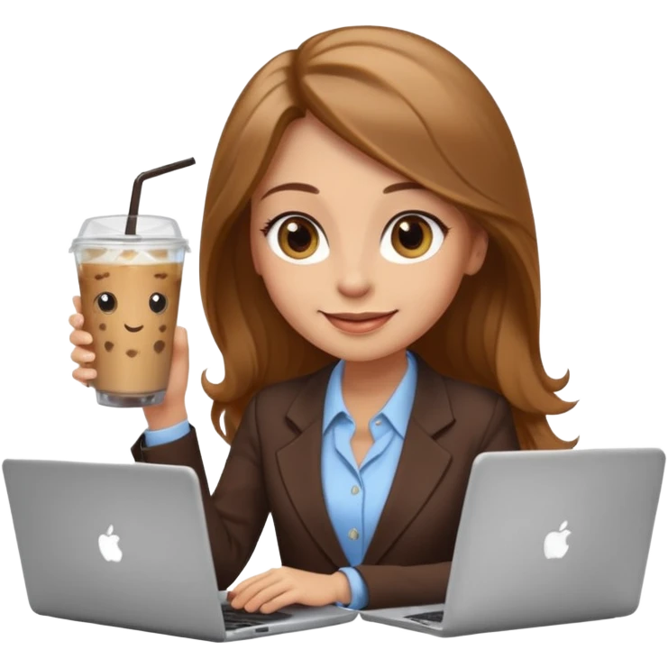 Women in front of laptop with a happy face, long light brown hair, light brown big eyes, light skin with a iced coffee on the side, business attire emoji
