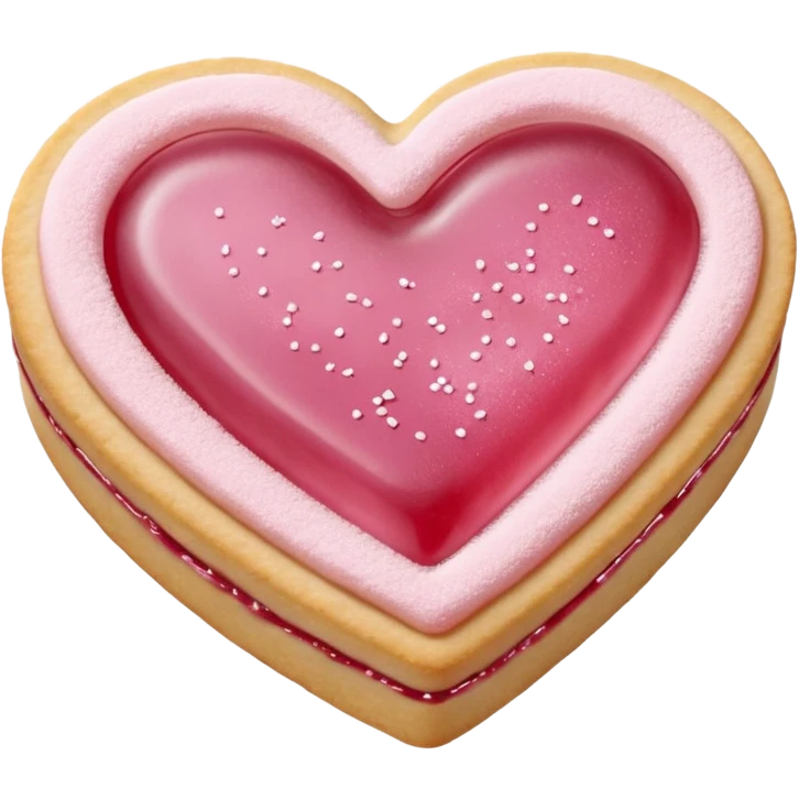 Realistic shortbread cookie in the shape of a heart with pale pink jelly middle filling and sprinkled powder sugar on top. emoji