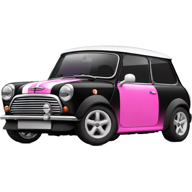 Black mini cooper, white roof, black doors, with hot pink hood stripes emoji