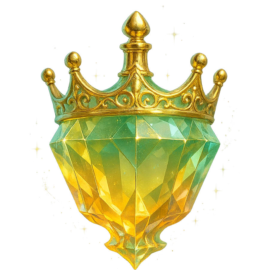 luxurious crystal elixir bottle shaped like a crown, pastel gradient of yellow, orange, and green, lots of shine, facets, ornaments, golden details, magical effects, very small golden neck, transparent background, beautiful merging base, clearly floating in air, no base or shadow, premium class, interesting design, fits a collection emoji