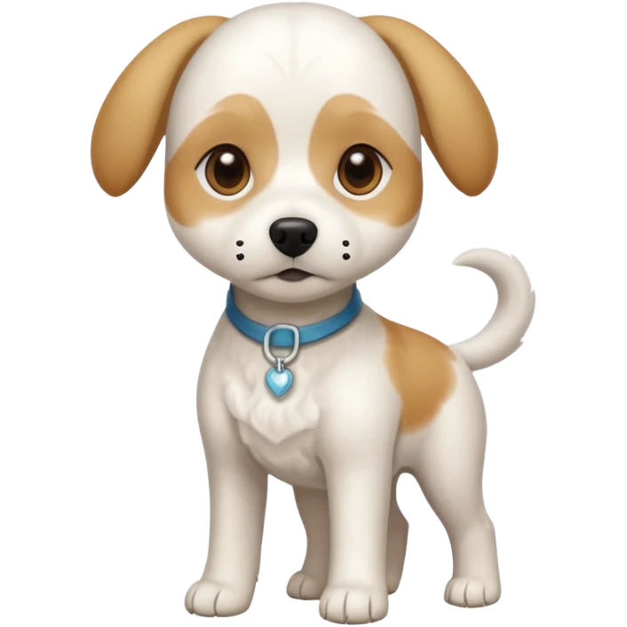 a full body white beagle x maltese x chi dog the size of a kelpie with light brown ears and a light brown patch on one eye emoji