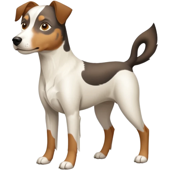 a full body large white parson russell looking dog the size of a kelpie with light brown flapped down ears and a light brown patch on one eye and a large snout emoji