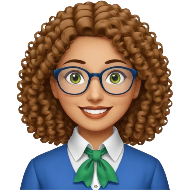 40 yr old Iranian woman, light brown very curly thick hair, shoulder length hair, green eyes, tan skin, big smile, big glasses, blue dress shirt with white cravat on neck emoji