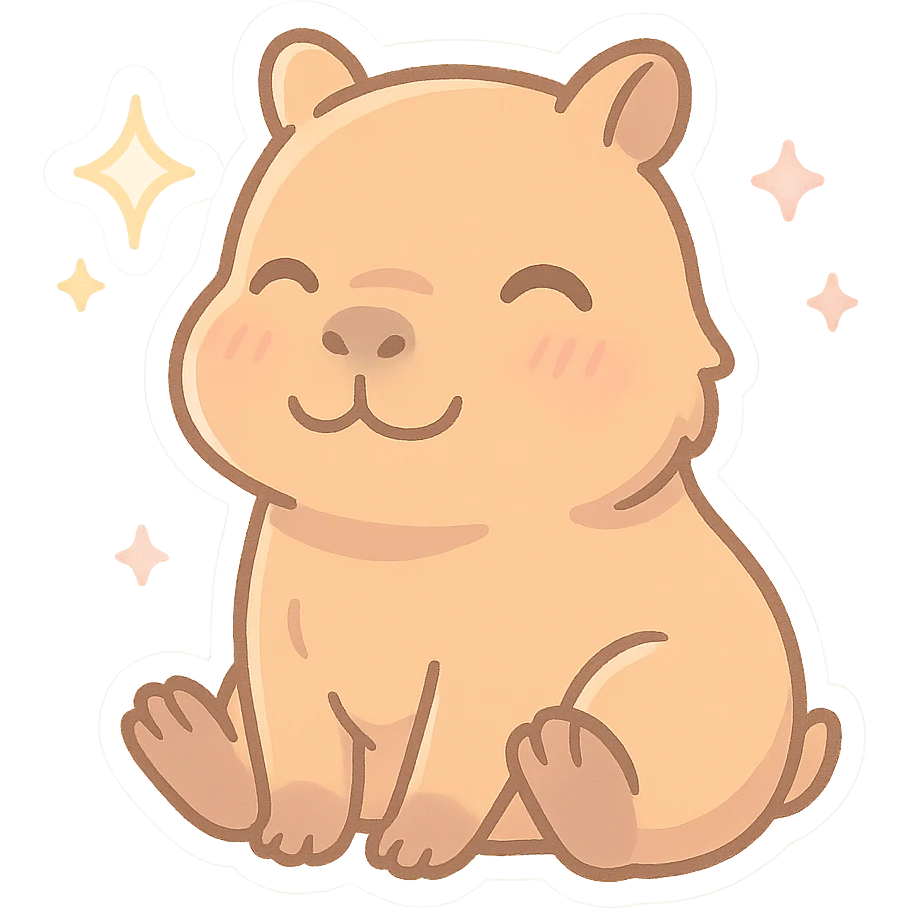 happy capybara in chibi anime style, sitting and smiling, pastel colors, sparkles emoji