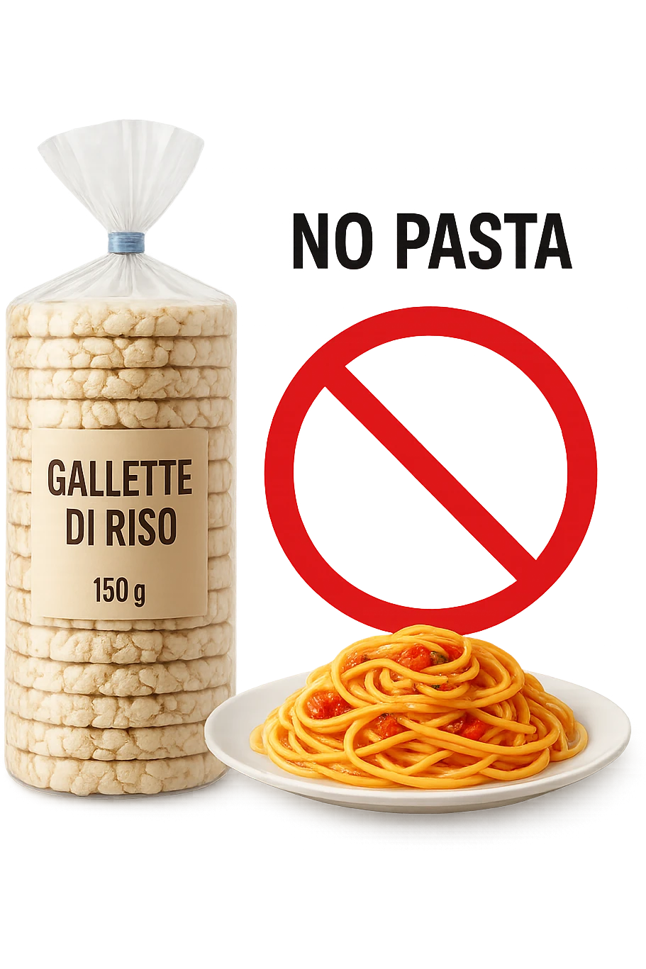 confezione di gallette di riso con accanto un piatto di pasta con divieto sopra, in italiano,  realistici emoji