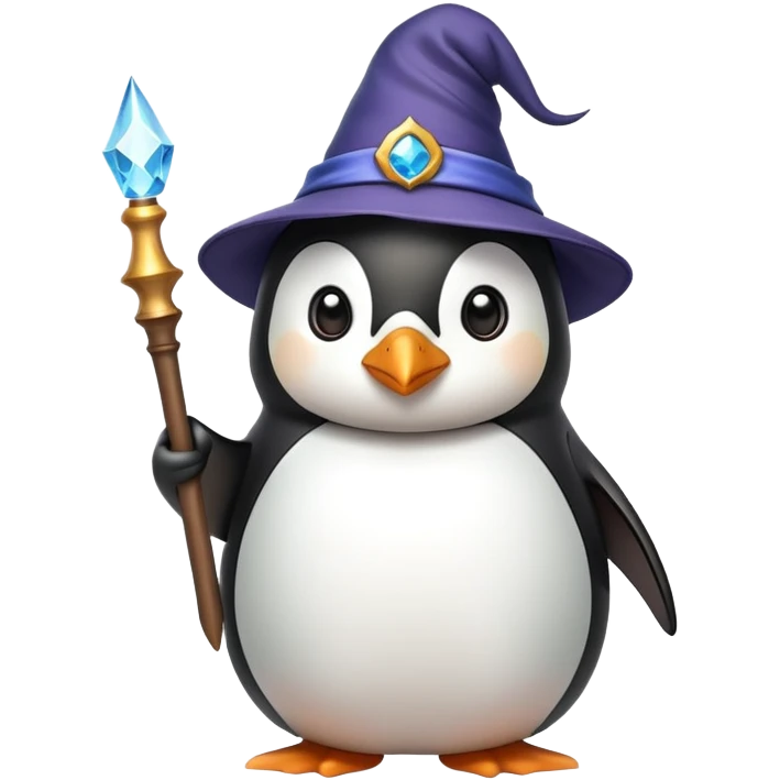 Penguin wearing wizard hat and holding a magic wand emoji
