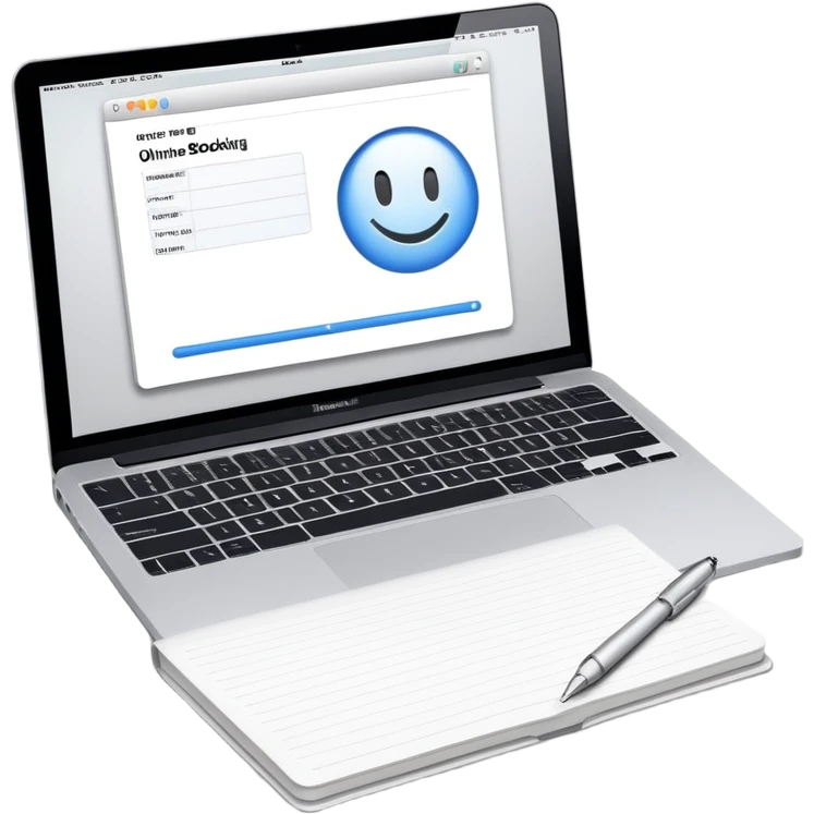 online booking system on MacBook screen next to an old-style paper notebook with a pen emoji