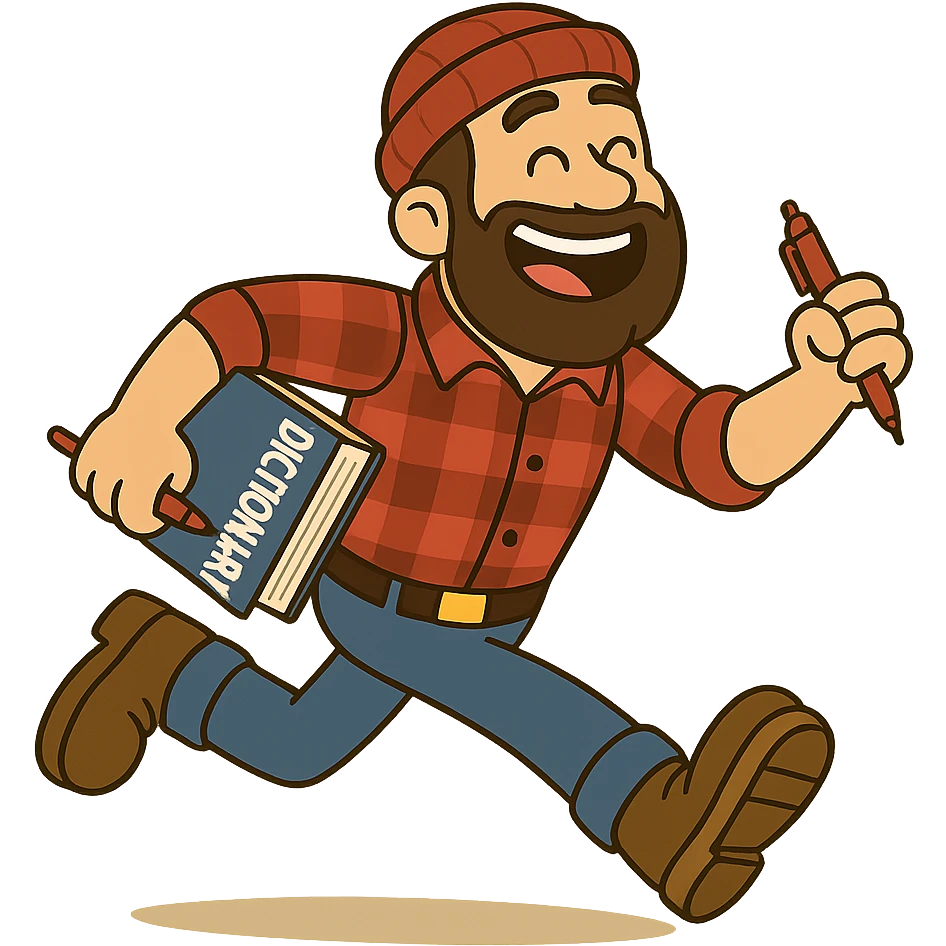 happy lumberjack running, holding a dictionary in one hand and a red pen in the other, dynamic pose, bright colors emoji