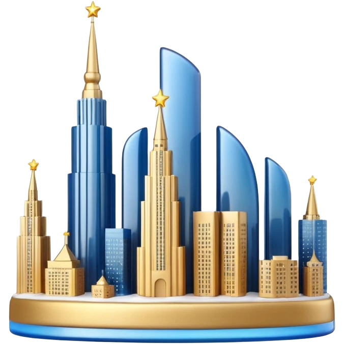 3D emoji of Moscow City business district skyline. A cluster of stylized skyscrapers with different shapes (gold, blue, silver). Decorated with tiny glowing Christmas lights. Soft 3D render, clay and glass textures, Apple aesthetic, isolated on a white background. emoji