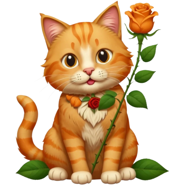 A fluffy, orange tabby cat fuul body, having a rose in it's mouth, and looked like he came from outside. emoji