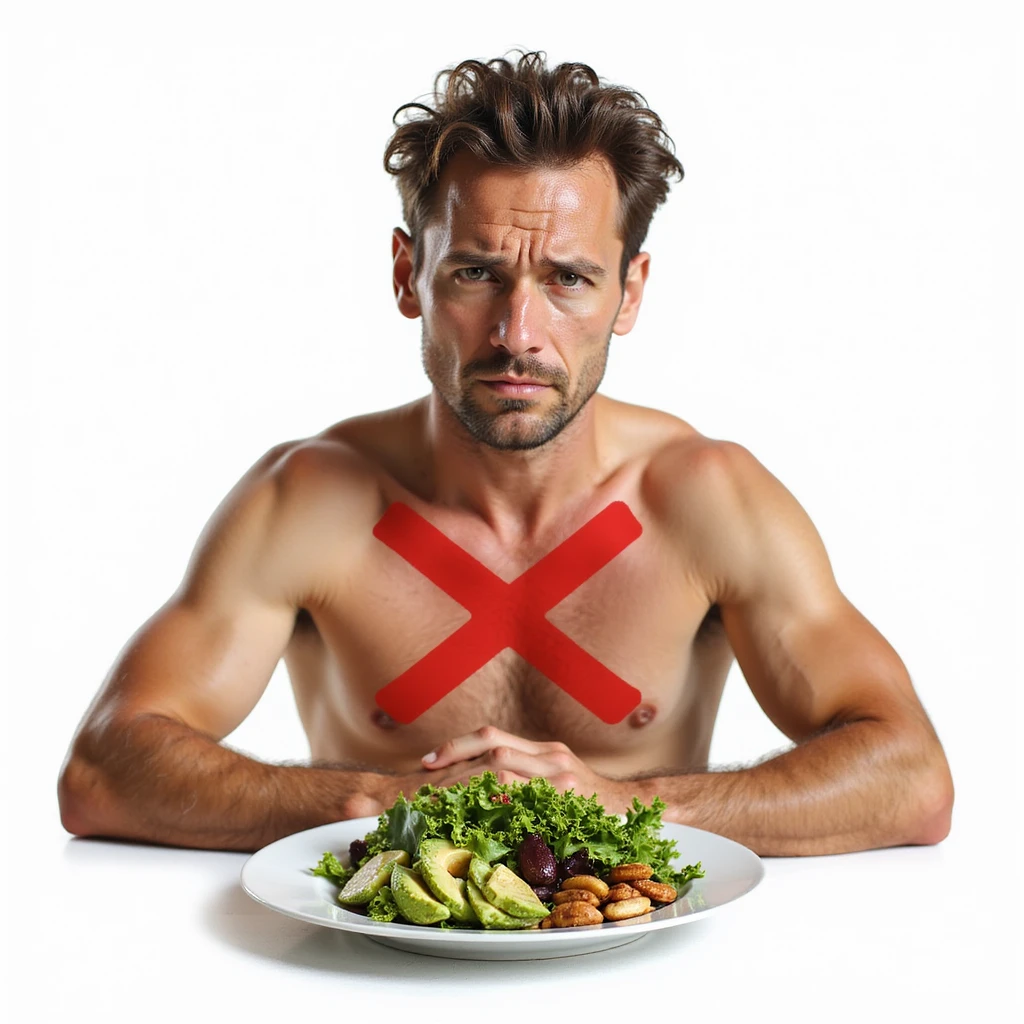 realistic man with dry skin and dull hair sitting in front of a plate with only salad and a large red X over healthy fatty foods like avocado, nuts, olive oil, sad expression, Italian caption: 'Senza grassi buoni: salute e aspetto a rischio', isolated on white background emoji