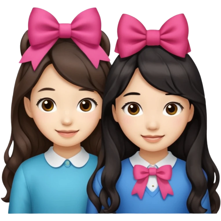 Two girls with bows they’re both Asian but one has wavy brown hair and the other has really long straight hair emoji