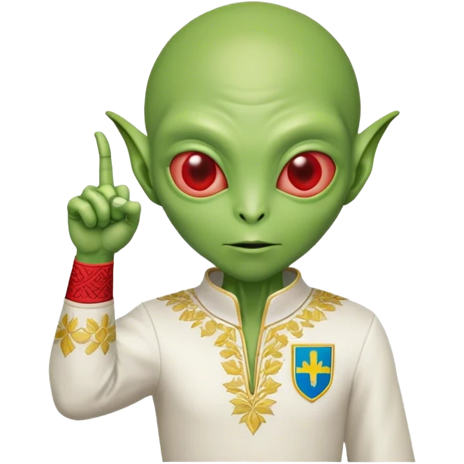 Green alien in Shirt 👚 vyshyvanka, white with red embodiary on sleeved, with 🇺🇦 Ukraine flag in a hand and 💪 emoji