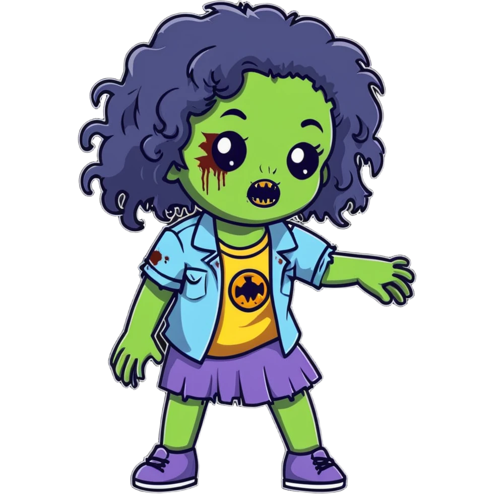 girl zombie with black long curly hair, emo style emoji