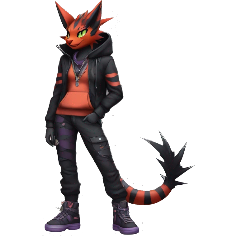 Cool Anthro Noivern-Litten-Vampiric-Pokémon with edgy stripes hoodie spiked collar punk techwear Cargo Pants Full Body emoji