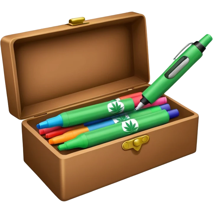 a box of colorful permanent markers with cannabis leaf emoji