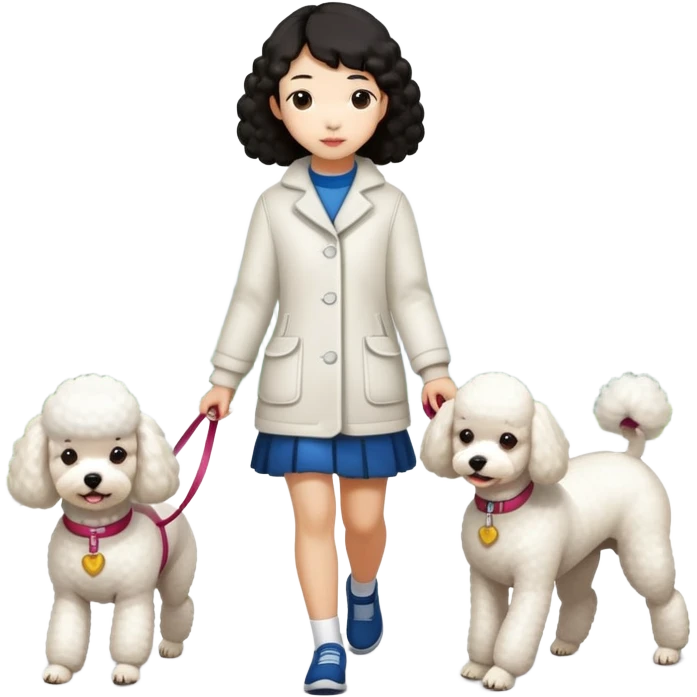 white poodle dog walking with asian girl emoji