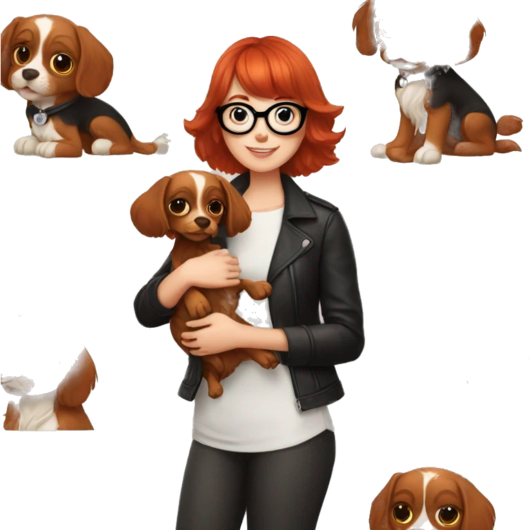 red-haired girl with bangs and short hair and black glasses leather holding a Cavalier puppy emoji