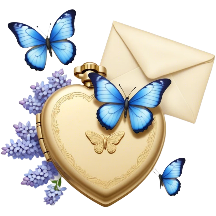 A golden locket, resting beside an ivory envelope sealed with a pearl wax stamp, is surrounded by delicate blue butterflies and cascading white lilacs. A vintage perfume bottle with intricate floral engravings sits nearby, its fragrance lingering in the air. emoji