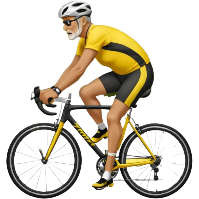 60-year-old man, about 225 lbs, in loose cycling clothes, yellow and black top, straddling grey road bike, graphic design with background as a road with trees emoji