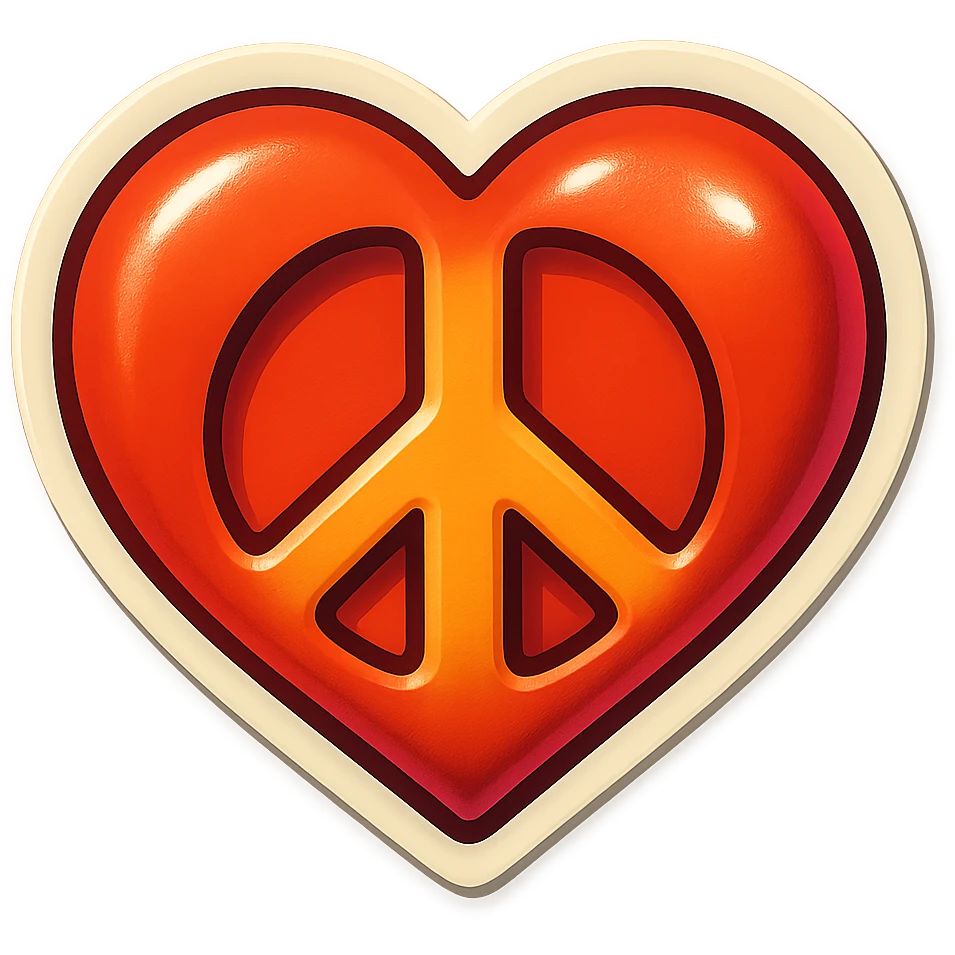 retro sticker style heart with a peace sign inside, bold and playful emoji
