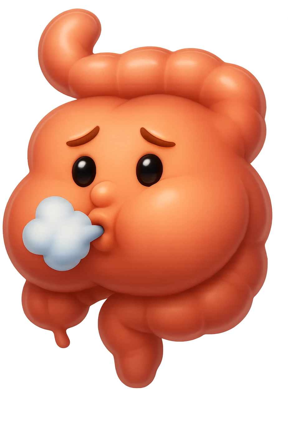 emoji stile iphone di un intestino che ingoia una nuvoletta di aria ben visibile e gli si gonfia la pancia, non fargli il naso, iperrealistico 4k emoji
