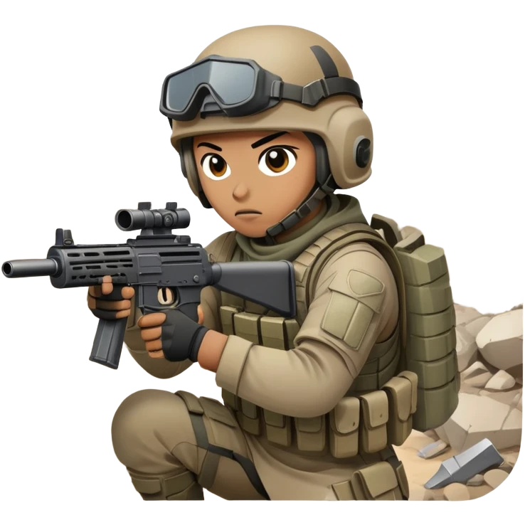 A skilled airsoft player in tactical gear, aiming a gun and shooting metal BBs in a desolate, ruined landscape. The setting is filled with broken walls and debris, creating a tense atmosphere of strategy and precision in a high-stakes tactical environment emoji