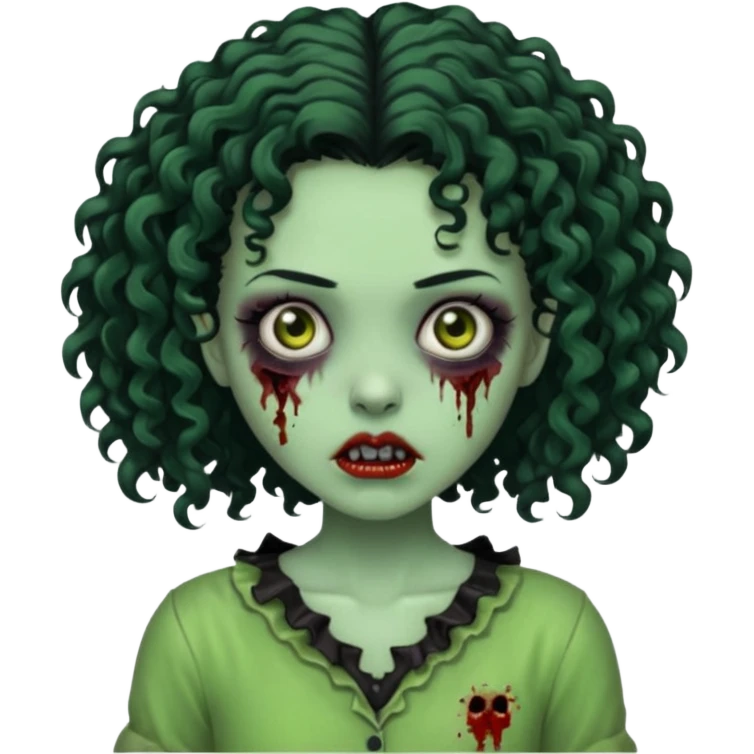 uma garota zumbi assustadora da pele verde e com cabelo 3b cacheado repartido ao meio preto curto ate o ombro emoji