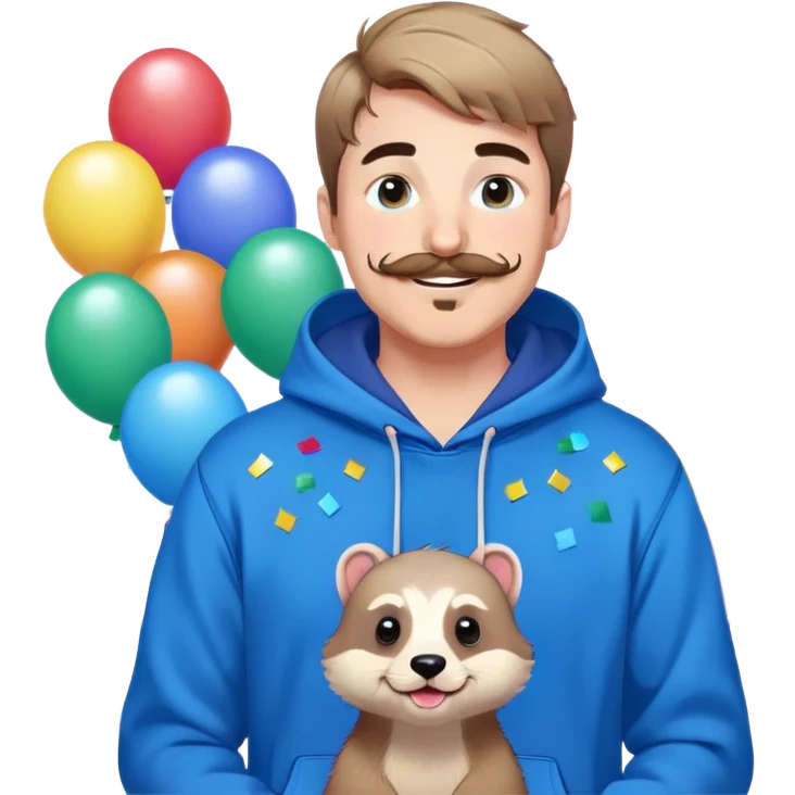 Mr. Beast wearing a blue hoodie, ferret mustache, small light beard, big friendly smile, standing in front of a colorful, fun background with confetti and balloons emoji