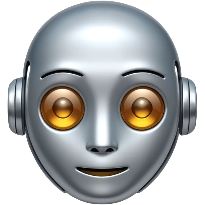 A cute futuristic robot emoji made of silver chrome, rounded friendly body, minimal facial features, glossy metallic surface, soft reflections, iOS emoji style, centered, clean white background emoji