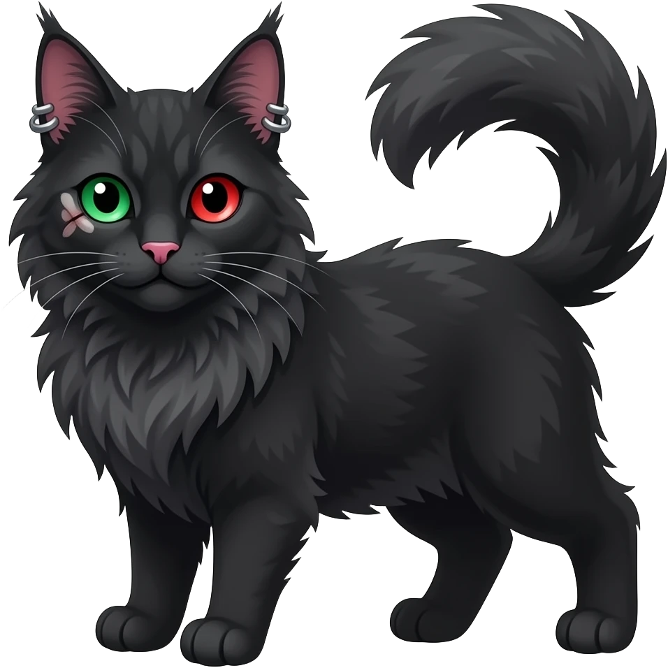 black mainecoon cat with one green eye and one red eye with scar over it and a pink nose and piercings on ears emoji