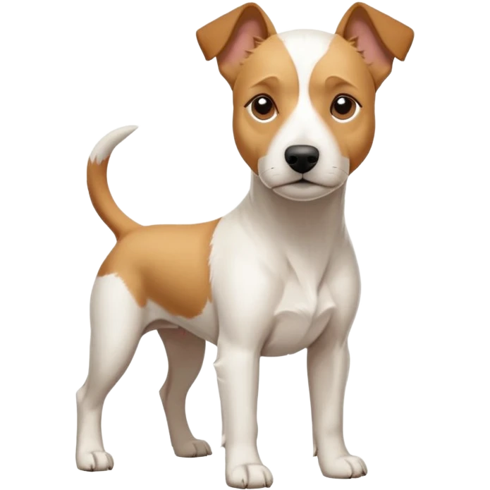 a full body facing front on of a buff white parson russell terrier looking dog the size of a kelpie with light brown long ears resting on its face and a light brown patch above one eye and a large snout. the rest of the dog is completely white.  emoji