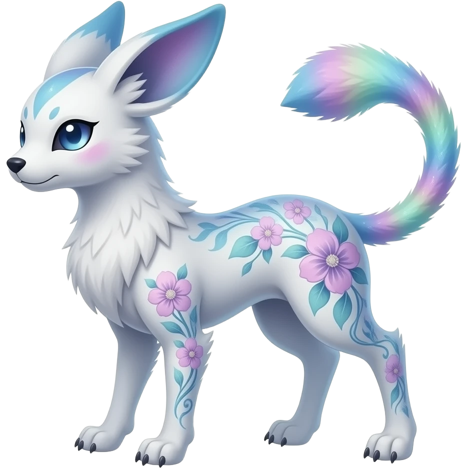 Auroral fuzzy Slim thin gradient-colored sparkly tattooed floral lanky scrawny tall elegant oriental feral painted Asian Absol-Glaceon-Sylveon-fusion-hybrid-creature emoji