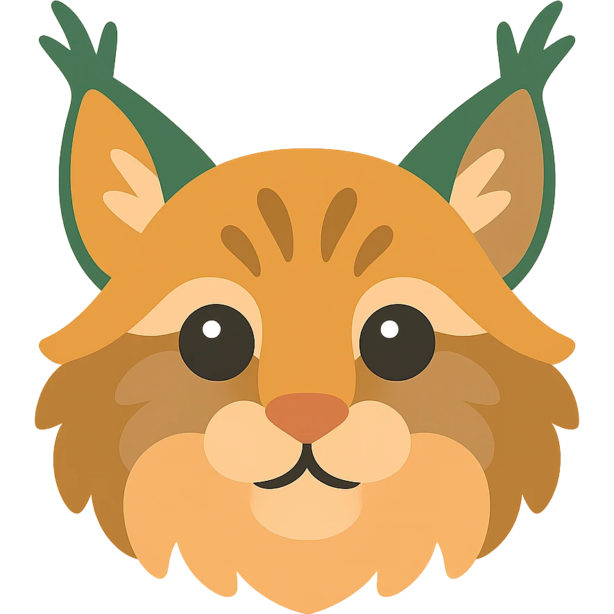 A cute and soft lynx face with big, expressive eyes, designed in a warm and magical color palette: golden orange (FA9B41), forest green (4A7C5C), muted taupe brown (96775A), and pastel peach (FFCC9A). The lynx’s fur is fluffy and soft, with a mix of warm browns and golden highlights. Its ears are tipped with tufts of fur in greenish tones, and its cheeks are gently rounded with subtle peach accents. The eyes are bright and curious, surrounded by soft fur in the warm color palette. The overall look is adorable, serene, and enchanting, evoking a gentle, woodland atmosphere. emoji
