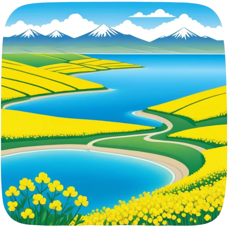 Qinghai Lake spring scenery with rapeseed flowers and blue water, simplified emoji style with bold outlines and bright colors, cartoon style vast lake with mountains emoji