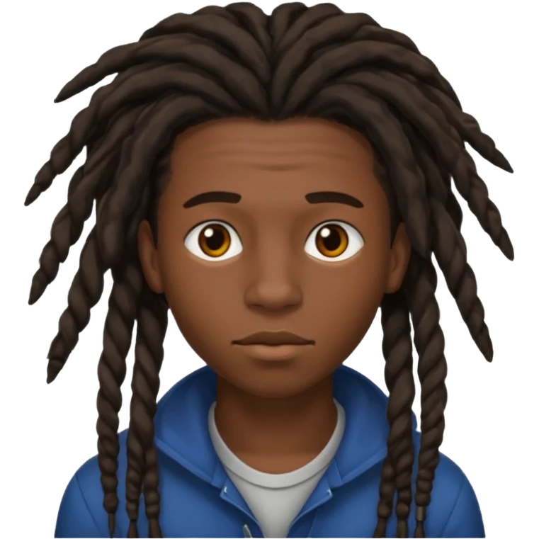 Une homme de 17 ans il a la peau noir foncé , des lèvres pulpeuses et un regard nonchalant. Il a un des locks emoji