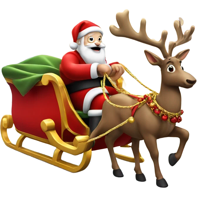 Santa Claus riding his red and gold sleigh which is being pulled by a reindeer with a red nose emoji