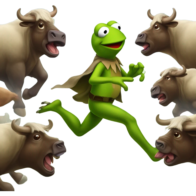 Kermit the Frog chased by a herd of buffalo emoji