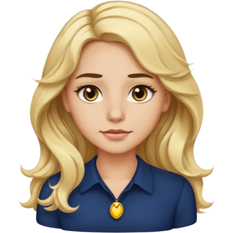 female with long wavy blonde hair, brown eyes, small gold nose stud, black eyeliner, navy blue blouse, emoji style, neutral expression emoji