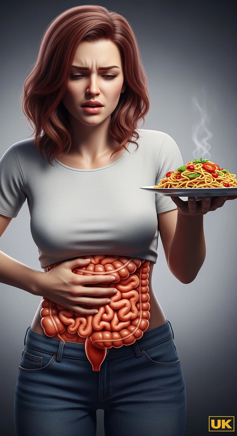 DONNA CON INTESTINO UMANO ANATOMICO REALISTICO IN EVIDENZA E MAL DI PANCIA MENTRE TIENE IN MANO UN PIATTO DI PASTA , IPERREALISTICO 4K emoji