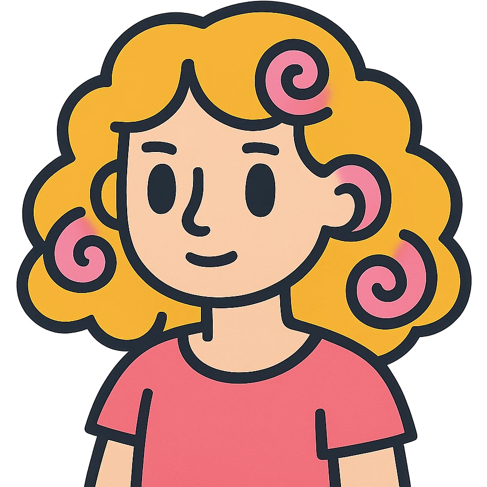 pale girl with medium-length curly blonde hair and baby pink swirls emoji