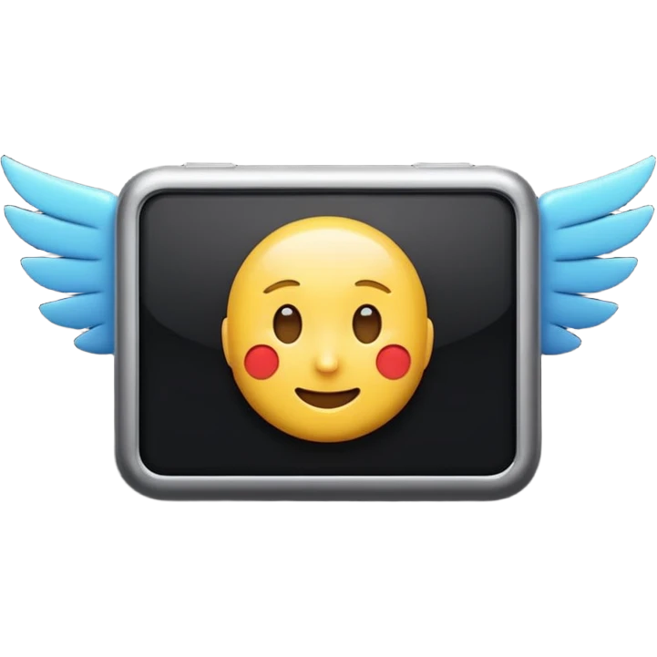3D emoji of a rectangular video screen with a play icon in the center and small wings on both sides, in Apple Memoji style. Soft studio lighting, glossy finish, black background, minimalistic and centered composition emoji