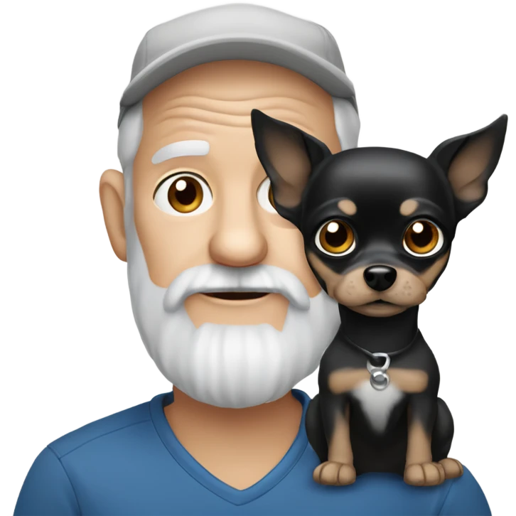 Old man with blue eyes goatee beard ball cap holding cute black Chihuahua long hair emoji