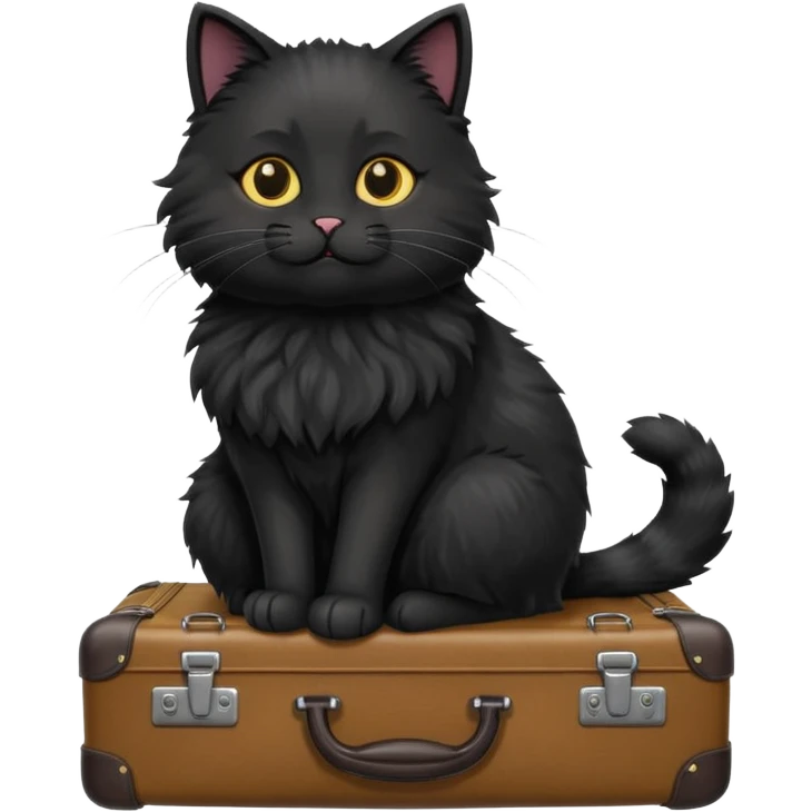 Black fluffy cat with suitcase in sun emoji