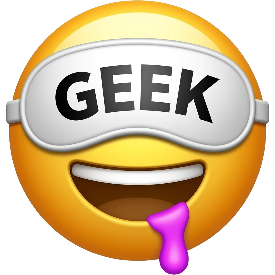 Give me a regular emoji with a sleeping mask that says "GEEK" and add neon purple lots of drool to the corner of his half opened mouth emoji